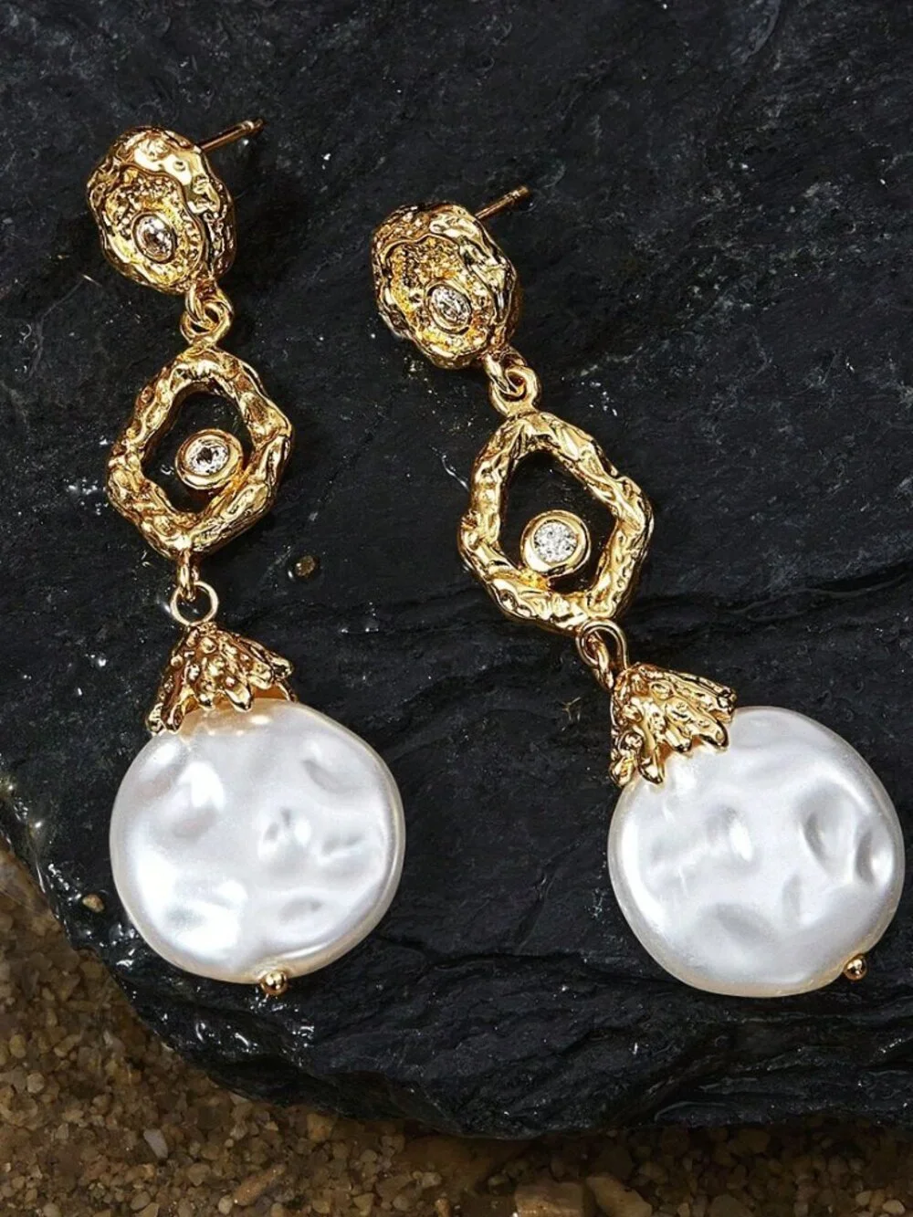 Gold Women's Gold Plated Hammered Texture faux pearl Earrings